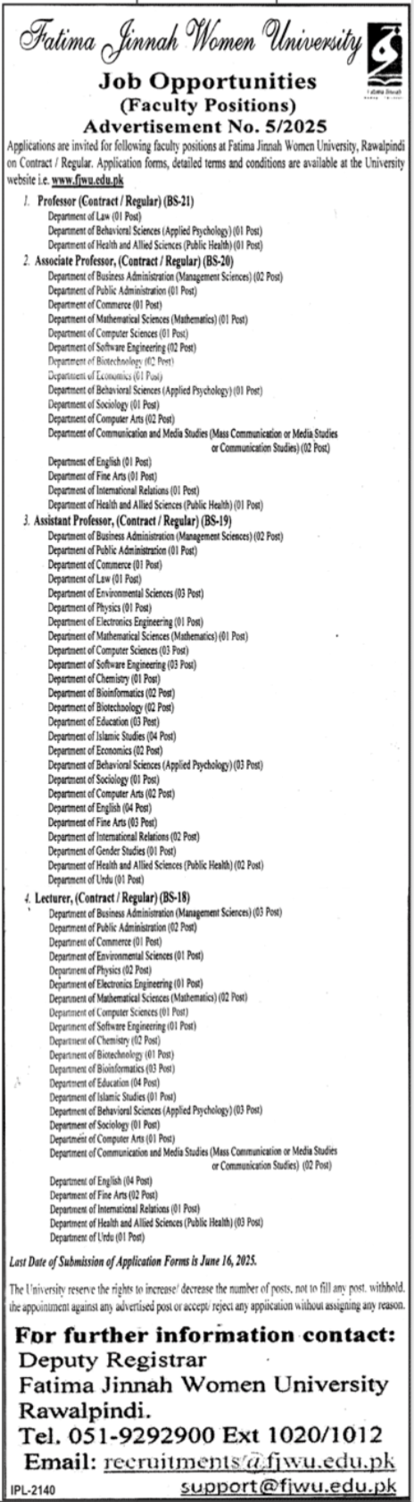 Fatima Jinnah Women University Rawalpindi Jobs 2025 Jobs 2025 — original advertisement