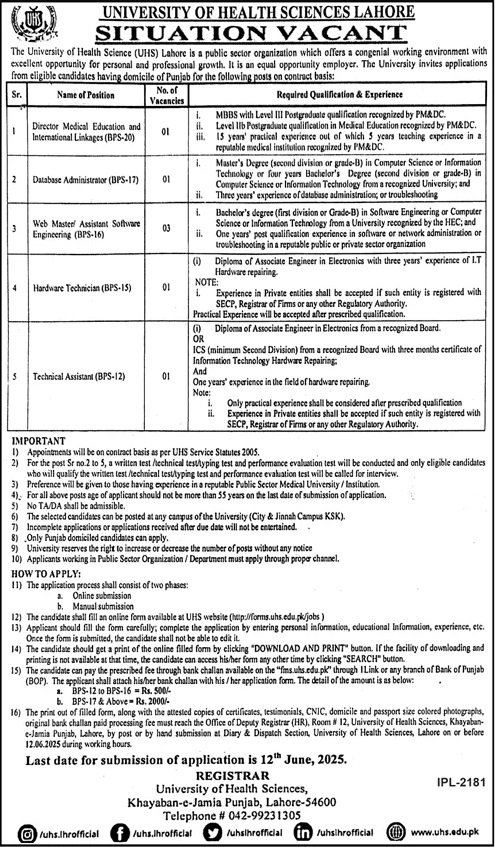 University of Health Sciences Lahore Jobs 2025 Jobs 2025 — original advertisement