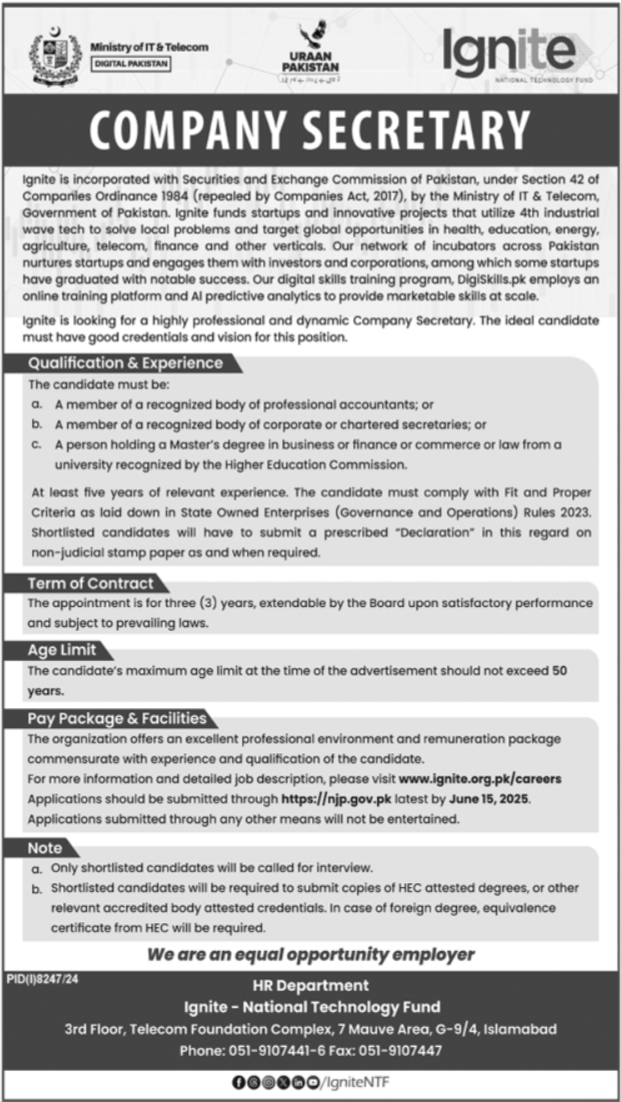 Ignite Nation Technology Fund Islamabad Job 2025 – Ministry of Information Technology and Telecommunication Jobs 2025 — original advertisement