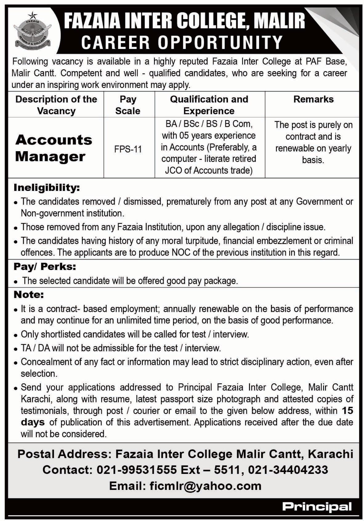 Fazaia Inter College Karachi Job 2025 – Fazaia Schools & Colleges Jobs 2025 — original advertisement