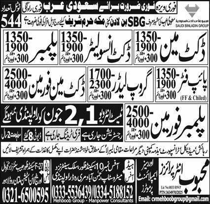 Group Leader & Duct Insulator Jobs 2025 In Saudi Arabia – Mehboob Enterprises Overseas Employment Promoters Jobs 2025 — original advertisement
