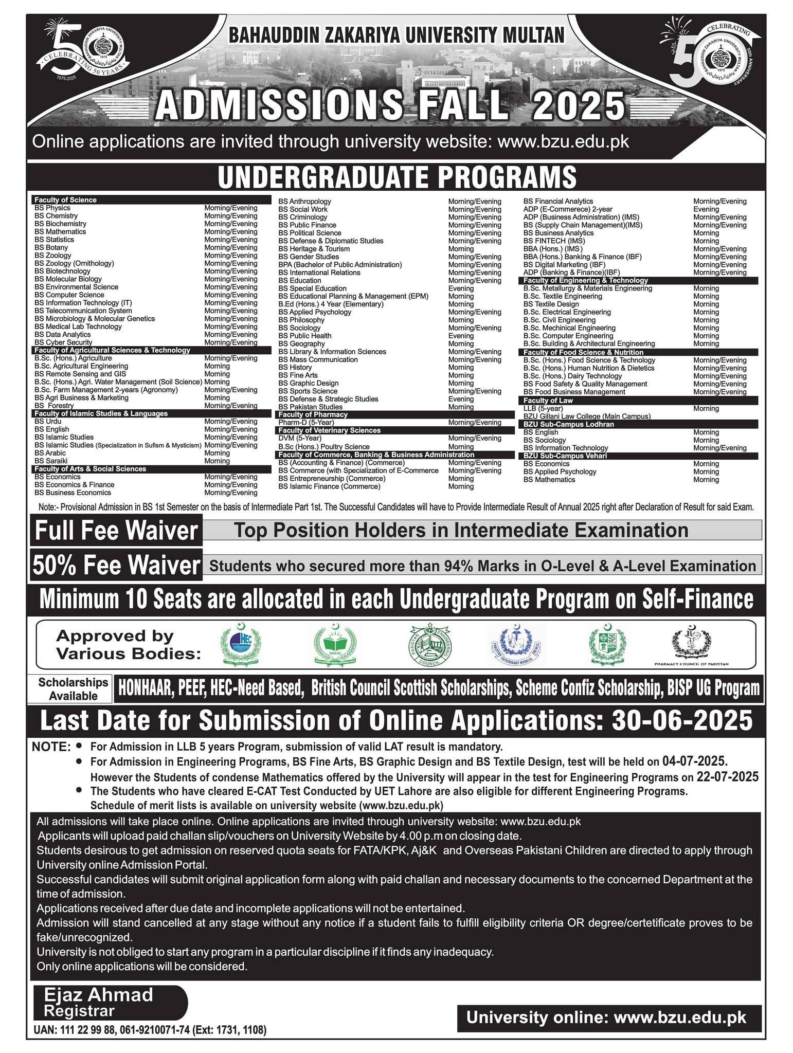 Admissions Open In Bahauddin Zakariya University (BZU) – Bahauddin Zakariya University Multan Admissions 2025 — original advertisement