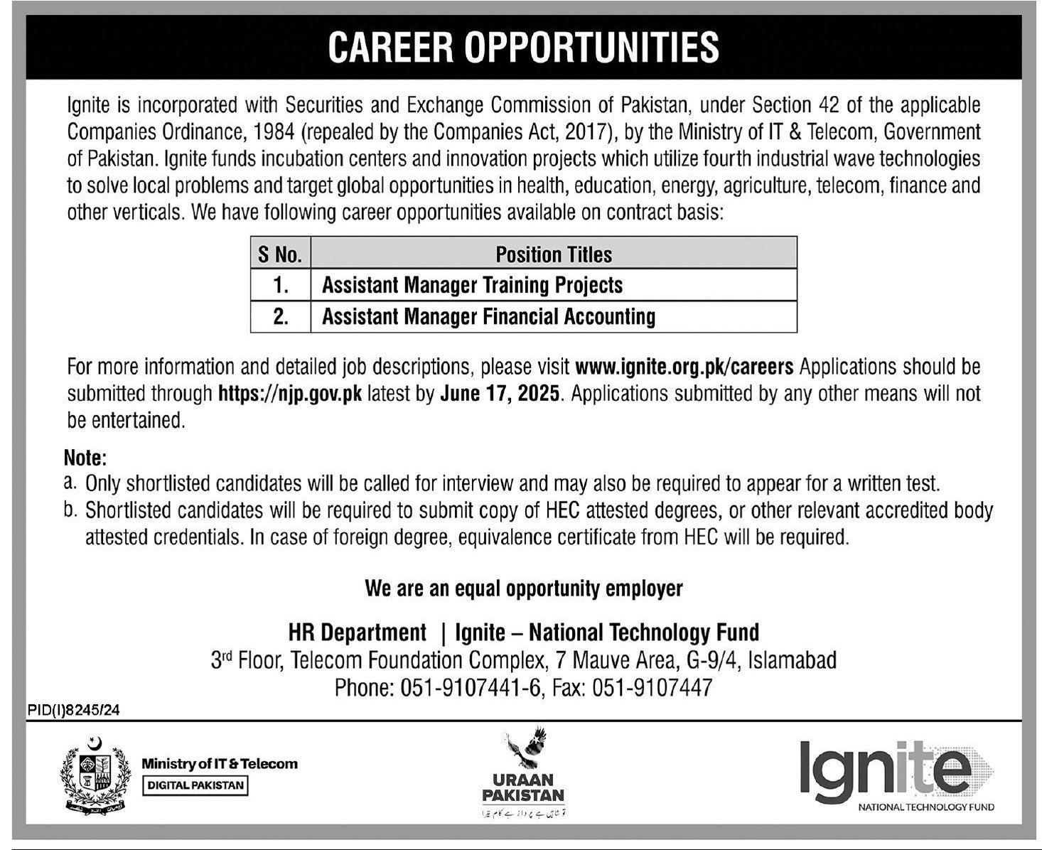 Ministry Of IT & Telecom Ignite Islamabad Jobs 2025 – Ministry of Information & Broadcasting Pakistan Jobs 2025 — original advertisement