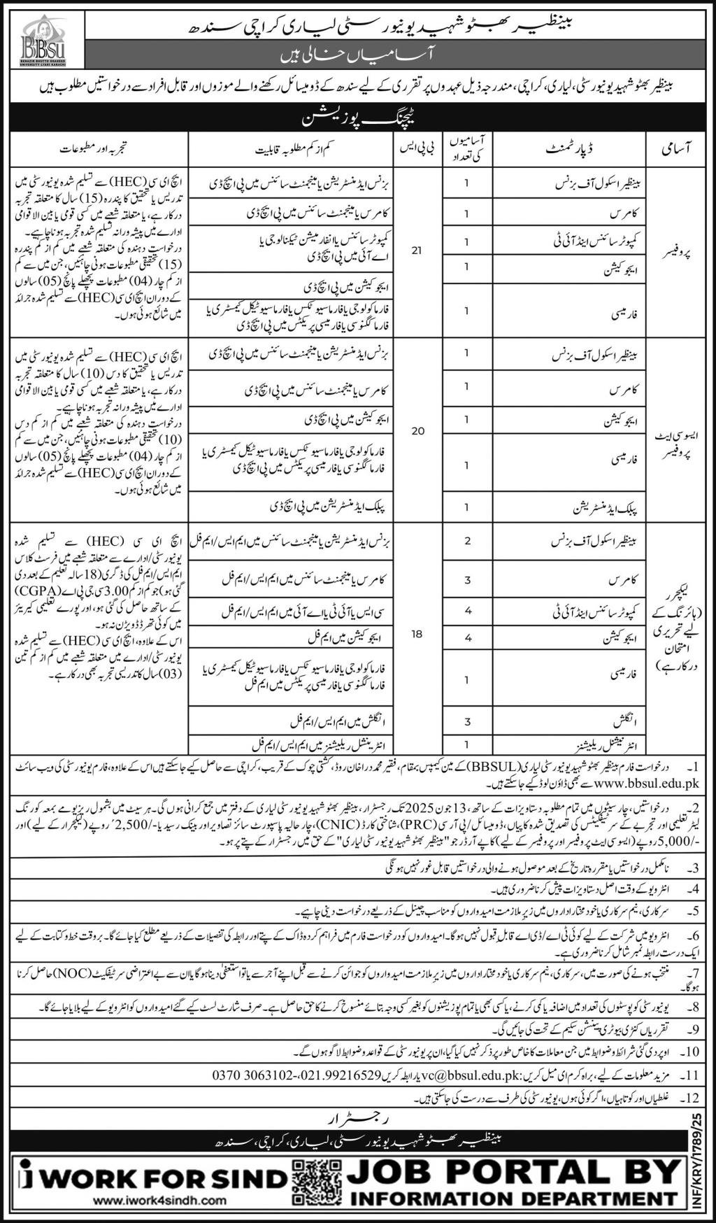 Benazir Bhutto Shaheed University Lyari BBSUL Jobs 2025 Jobs 2025 — original advertisement