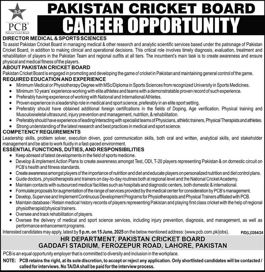 Pakistan Cricket Board PCB Lahore Jobs 2025 – Pakistan Cricket Board (PCB) Jobs 2025 — original advertisement