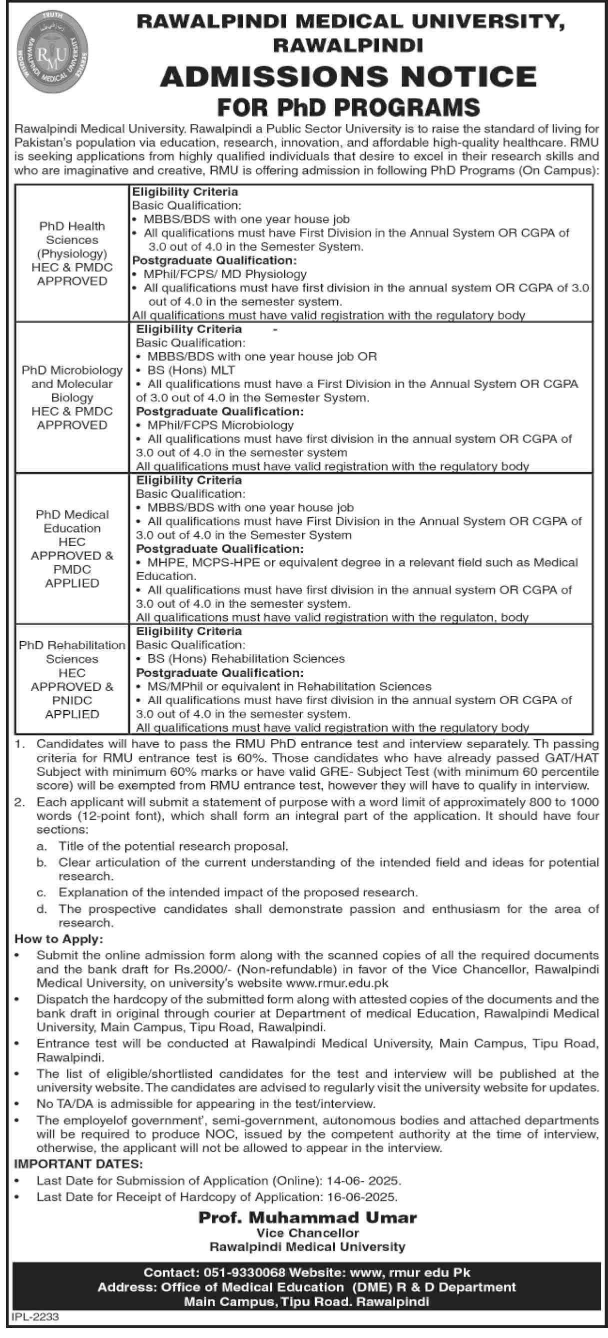 Admission Open in Rawalpindi Medical University Rawalpindi – Rawalpindi Medical University Punajb Admissions 2025 — original advertisement