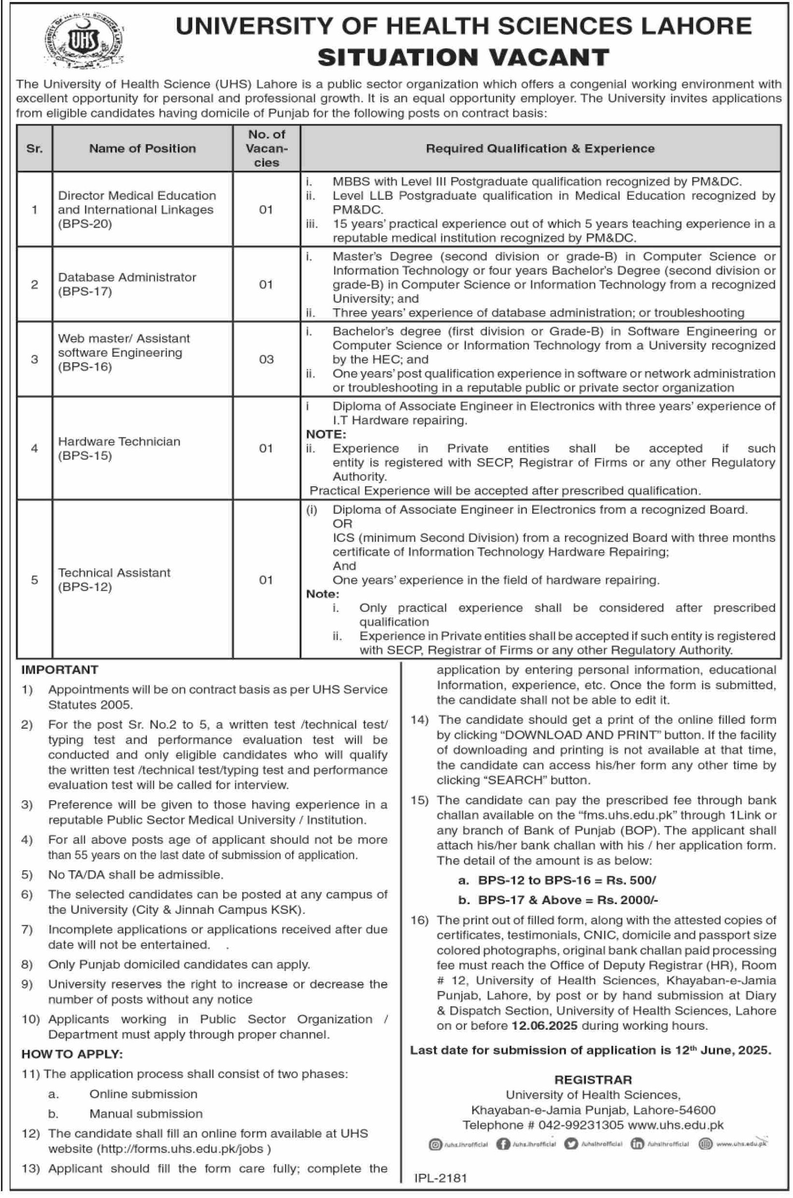 University of Health Sciences Lahore Punjab 2025 Jobs 2025 — original advertisement