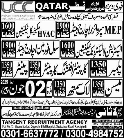 Painter And Mason Jobs in Qatar 2025 – Lasani Trade Test & Technical Training Center Jobs 2025 — original advertisement
