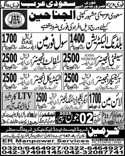 Civil Forman And Line Man Jobs in Saudia Arabia 2025 – Harmain Trade Test & Technical Training Center Jobs 2025 — original advertisement