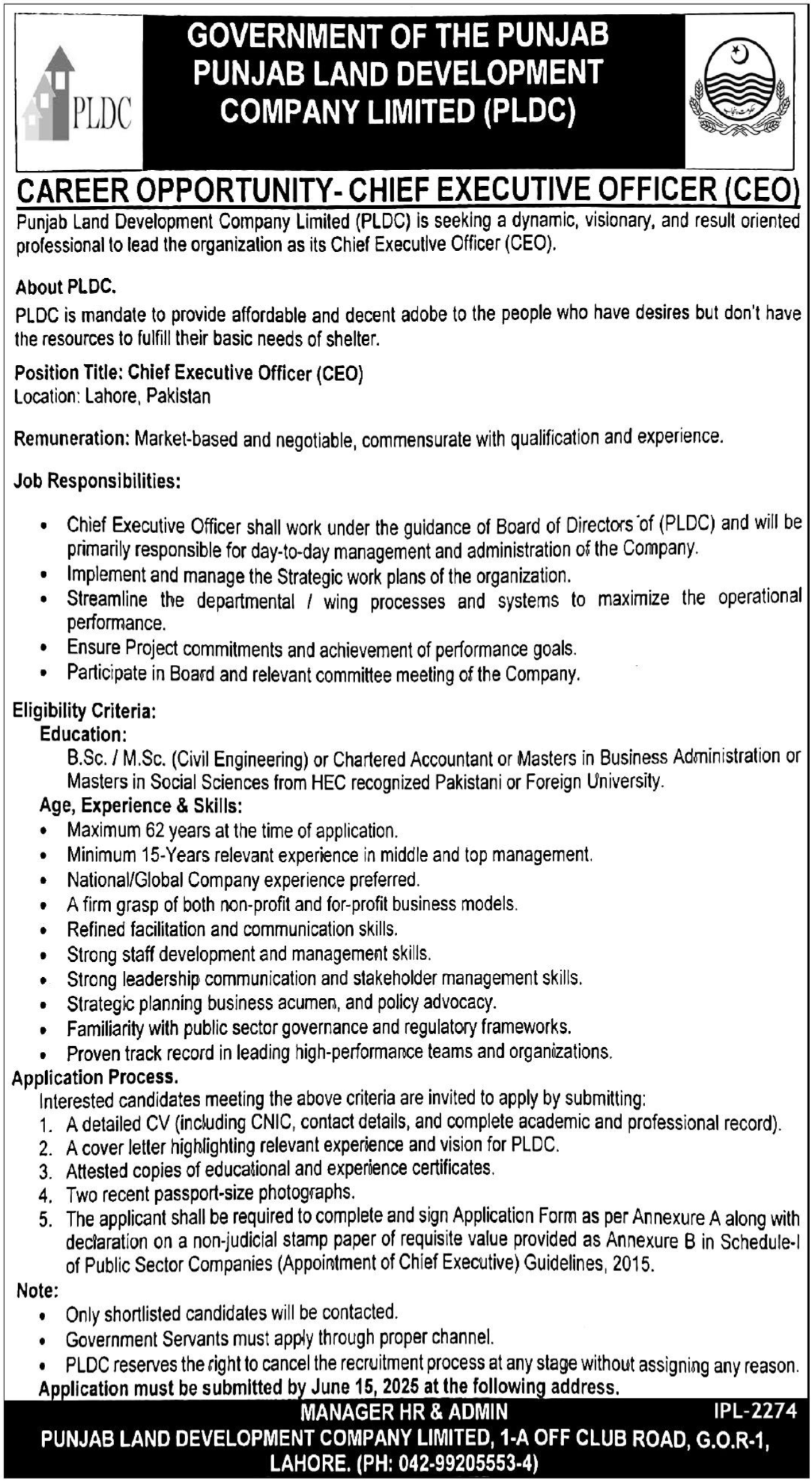 Punjab Land Development Company PLDC Lahore Jobs 2025 – Punjab Land Records Authority Jobs 2025 — original advertisement