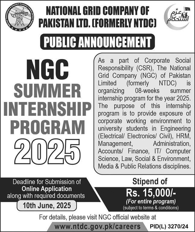 National Grid Company Of Pakistan NGC Internship 2025 – National Transmission & Despatch Company NTDC Jobs 2025 — original advertisement