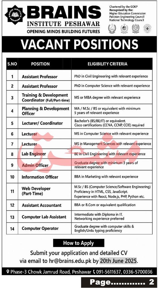 Brains Institute Peshawar Khyber Pakhtunkhwa Jobs 2025 Jobs 2025 — original advertisement