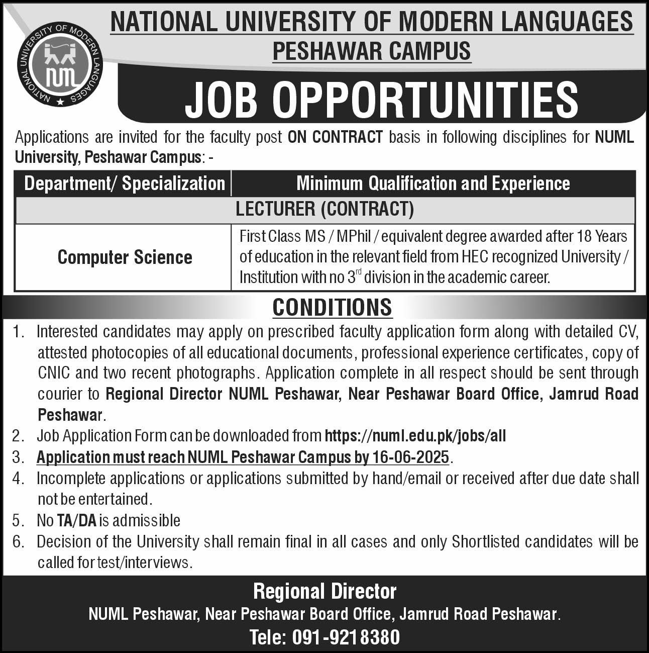 National University of Modern Languages NUML Peshawar Jobs – National University of Modern Languages Islamabad Jobs 2025 — original advertisement