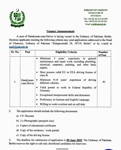 Pakistan Embassy Islamabad Jobs 2025 – Pakistan Embassy International School & College Jobs 2025 — original advertisement