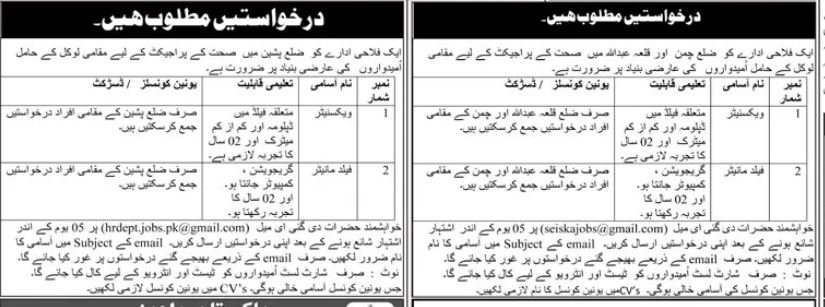 NGO Pishin Chaman and Qilla Abdullah Jobs 2025 – Public Sector Organization Jobs 2025 — original advertisement