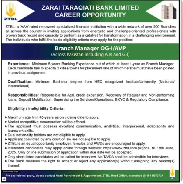 Zarai Taraqiati Bank Limited ZTBL Islamabad Jobs 2025 Jobs 2025 — original advertisement