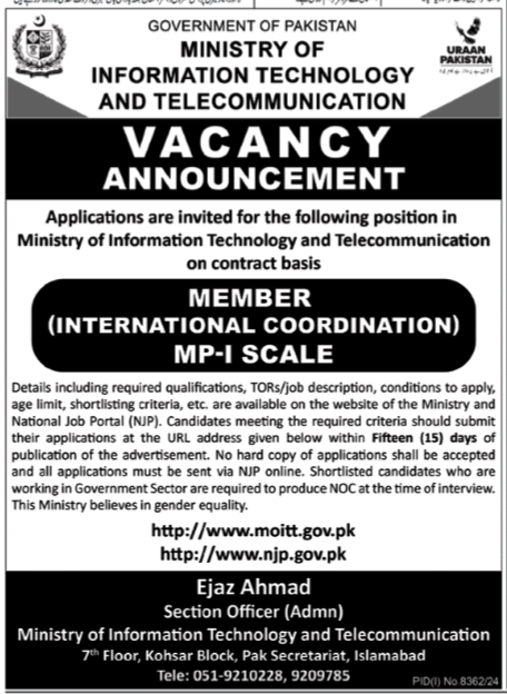 Ministry Of Information Technology Islamabad Jobs 2025 – Ministry of Information Technology and Telecommunication Jobs 2025 — original advertisement