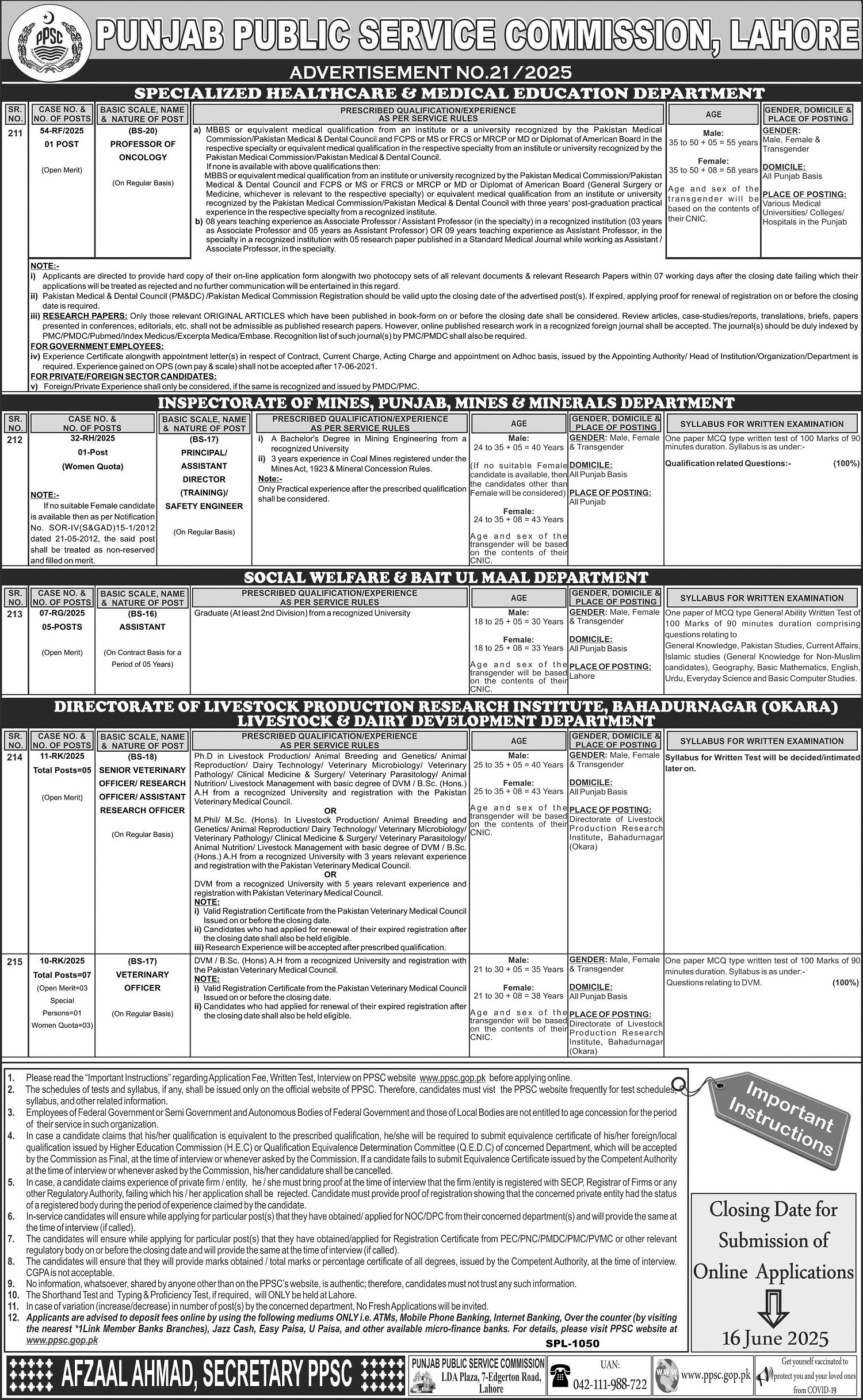 Punjab Public Service Commission PPSC Jobs 21/2025 – Punjab Public Service Commission Lahore Jobs 2025 — original advertisement