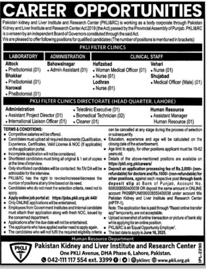 Pakistan Kidney And Liver Institute And Research Centre Jobs – Pakistan Kidney And Liver Institute (PKLI) And Research Centre Lahore Jobs 2025 — original advertisement