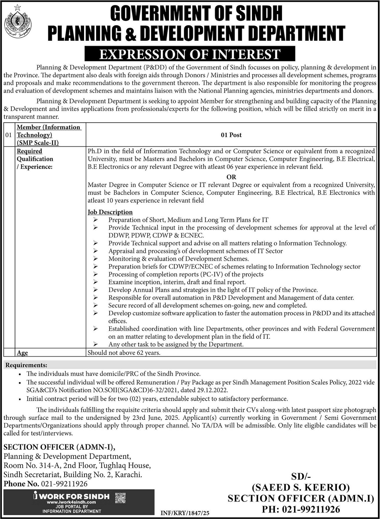 Planning & Development Department Jobs 2025 – Planning & Development Department Sindh Jobs 2025 — original advertisement