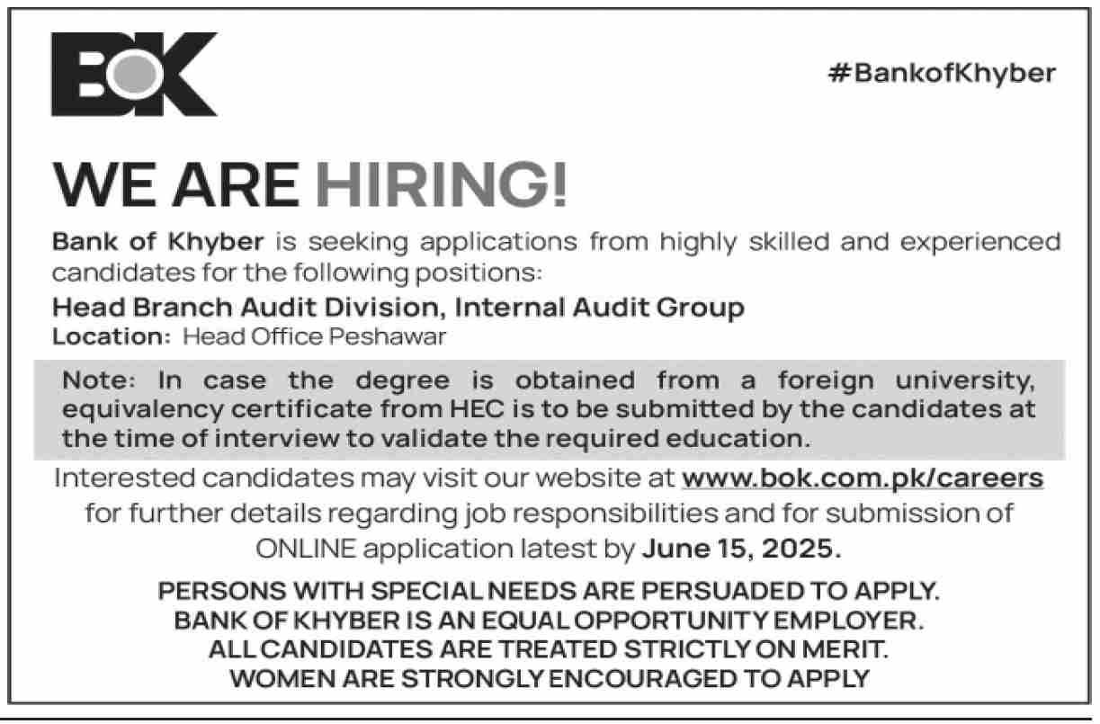 The Bank Of Khyber BOK Jobs 2025 Jobs 2025 — original advertisement