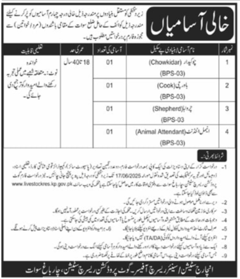 Livestock Production Research Institute Swat Jobs 2025 – Livestock and Dairy Development Department Kpk Jobs 2025 — original advertisement