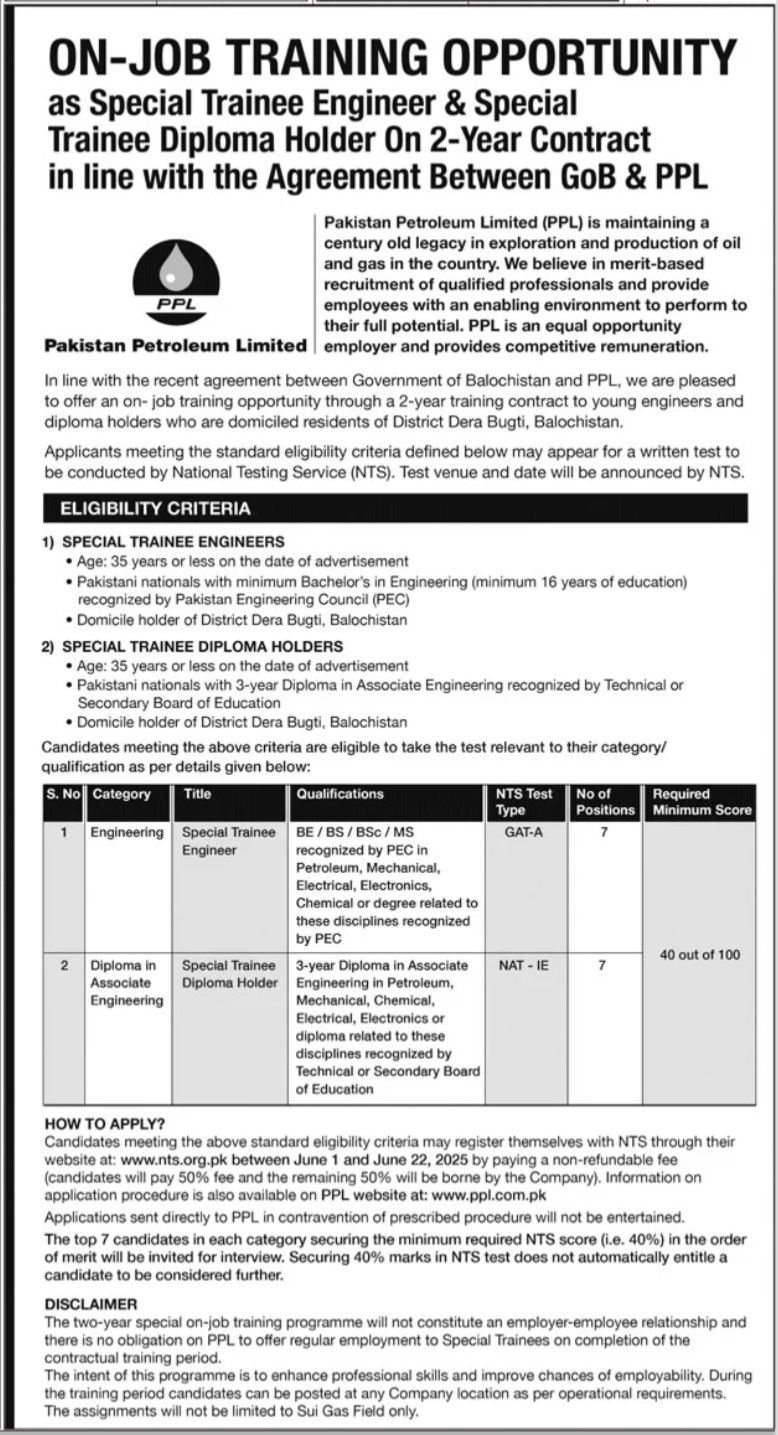 Pakistan Petroleum Limited PPL Dera Bugti Jobs 2025 – Pakistan Petroleum Limited (PPL) Jobs 2025 — original advertisement