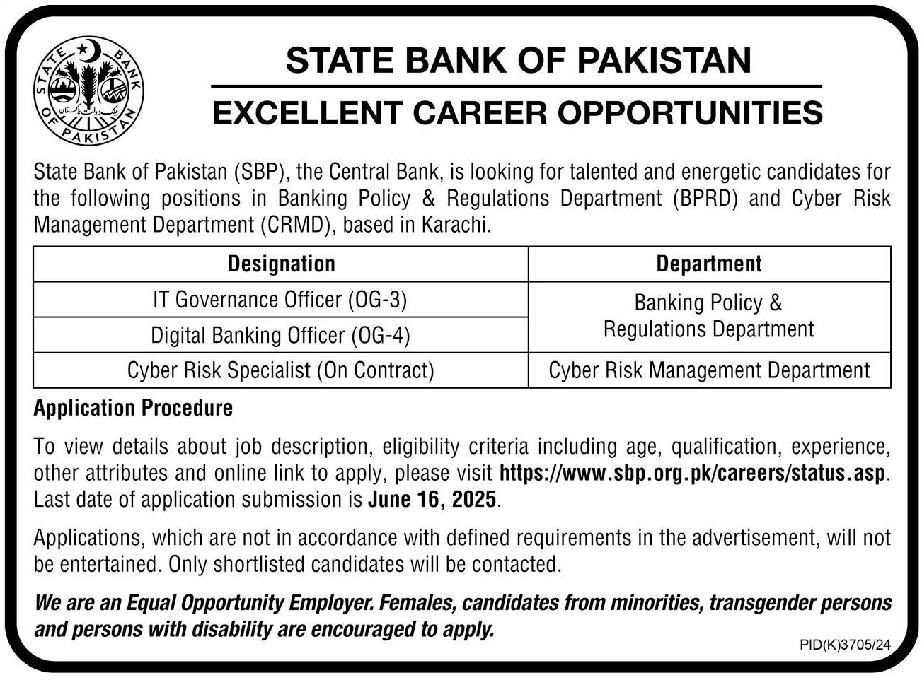 State Bank Of Pakistan SBP Karachi Jobs 2025 Jobs 2025 — original advertisement