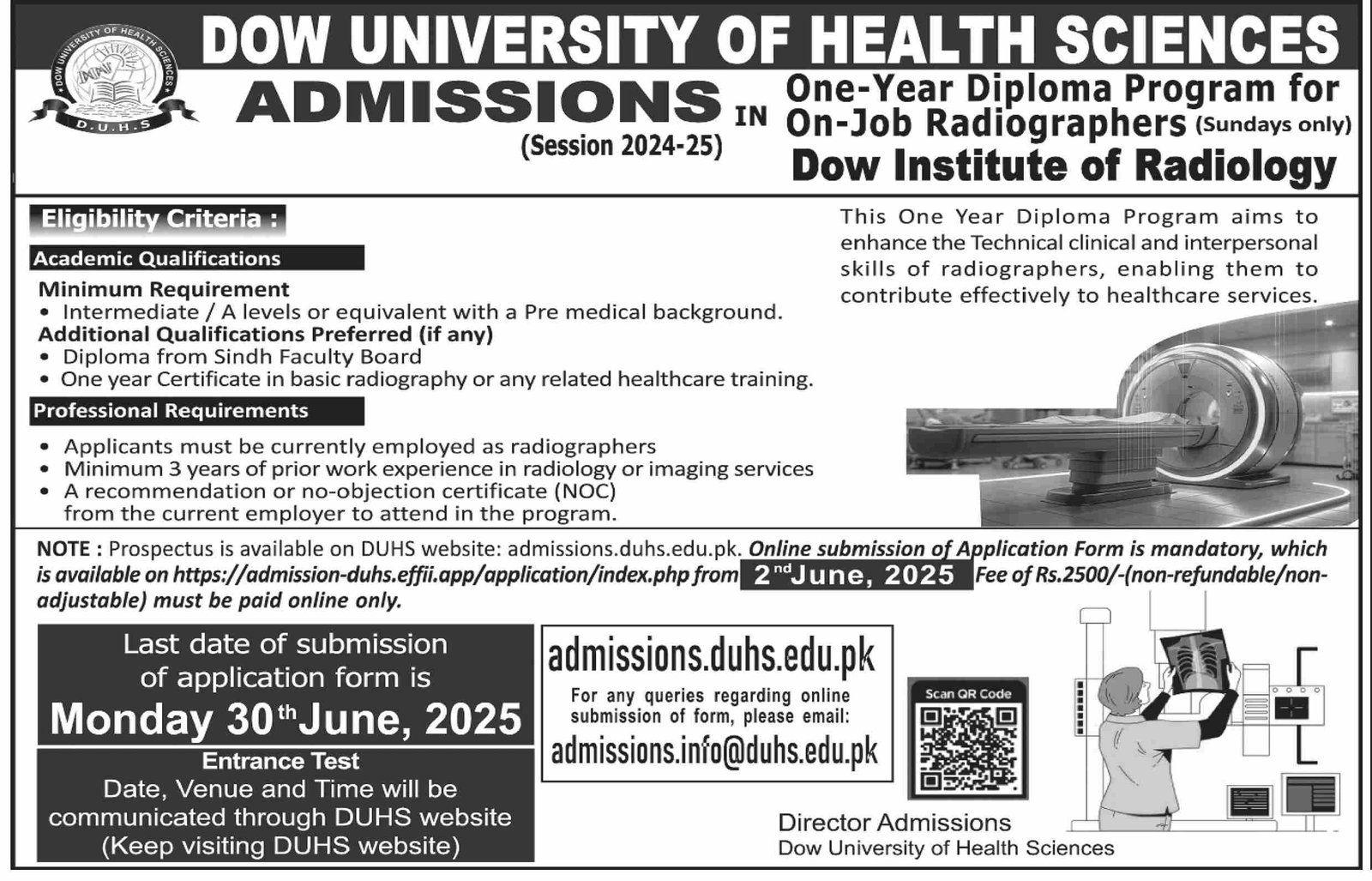 Admissions Open in Dow University of Health Sciences 2025 – Dow University of Health Sciences Karachi Admissions 2025 — original advertisement