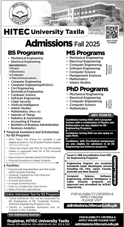 Admission Open in Hitec University Taxila Punjab 2025 Admissions 2025 — original advertisement