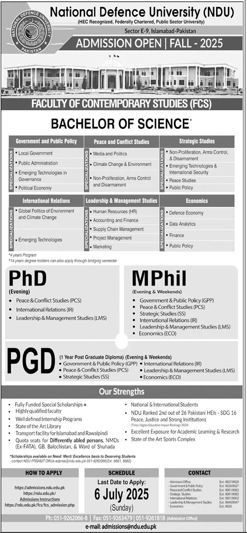 Admission OPen in National Defence University Islamabad 2025 – National Defence University, Pakistan Admissions 2025 — original advertisement