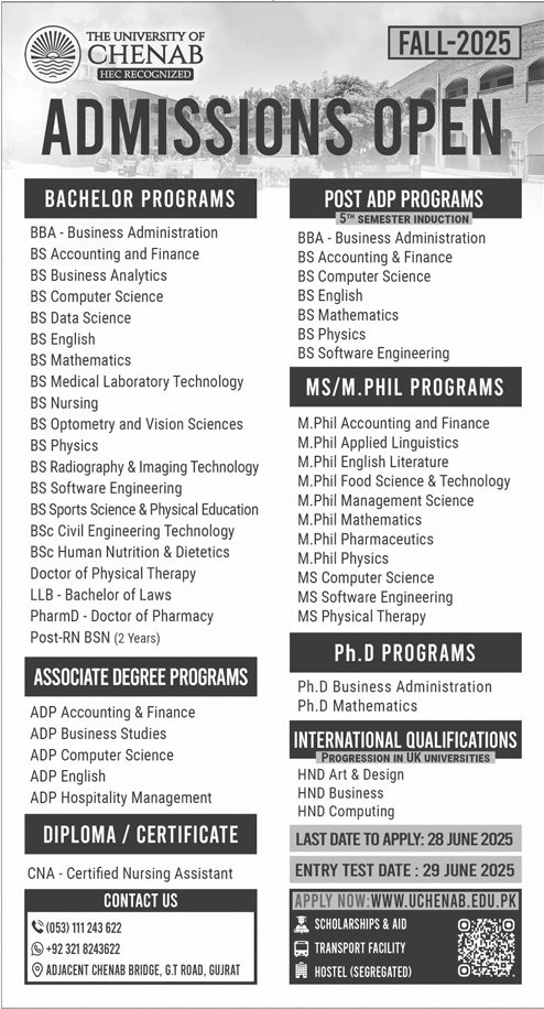 Admission Open in Univeristy of Chenab 2025 – University of Chenab Admissions 2025 — original advertisement