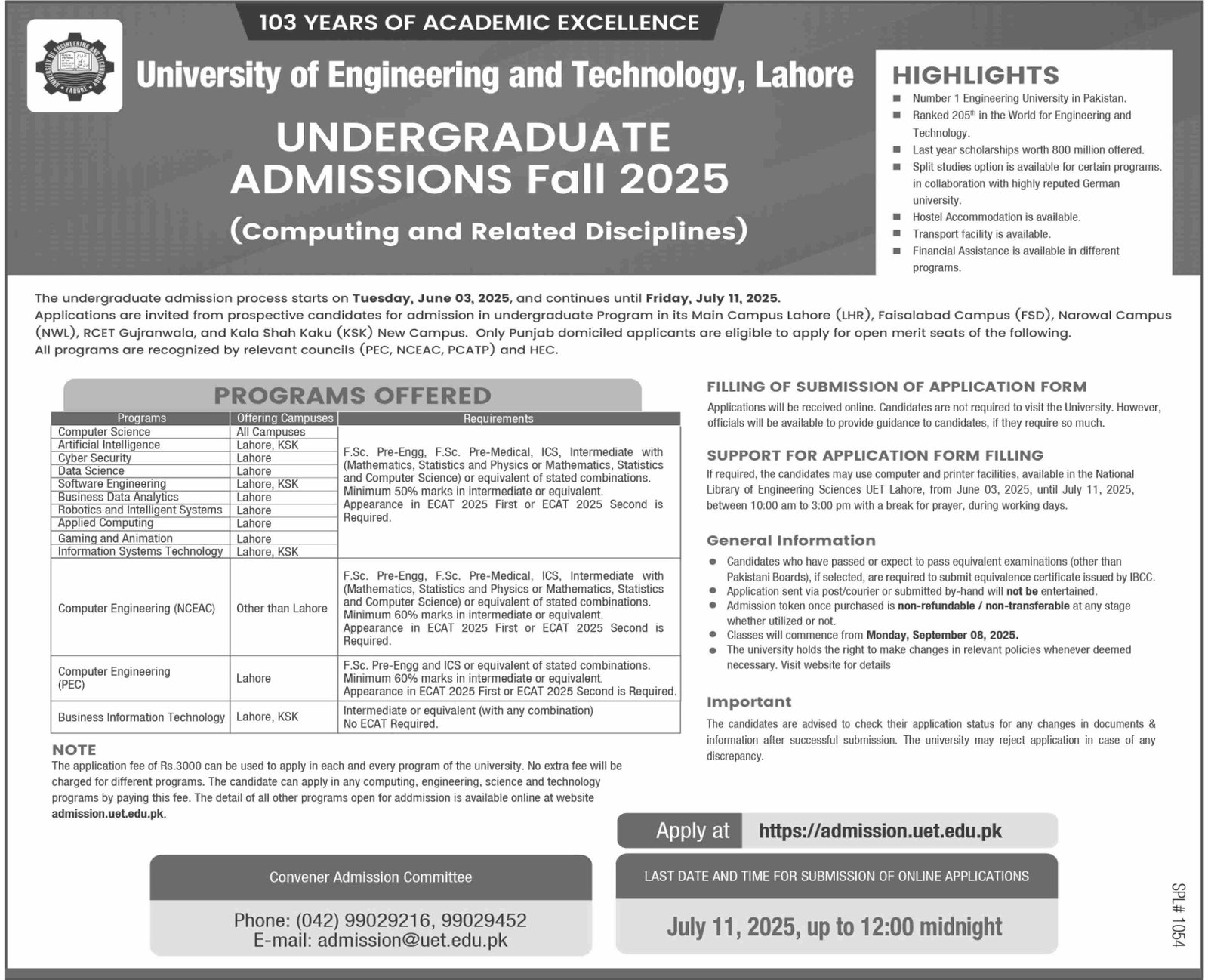 Admissions Open in University of Engineering And Technolgy – University of Engineering  & Technology Lahore Admissions 2025 — original advertisement