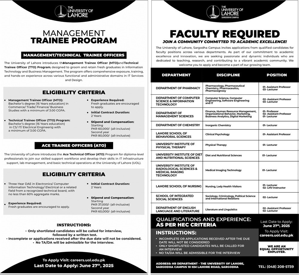 The University of Lahore Jobs 2025 Jobs 2025 — original advertisement