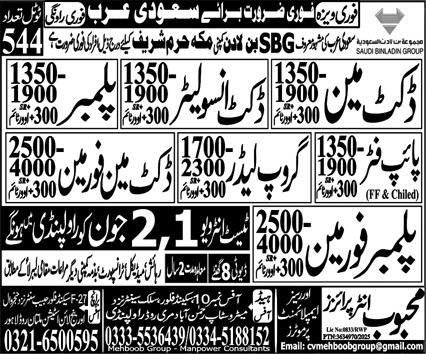 Ducket Man And Plumber Jobs in Saudia Arabia 2025 – Mehboob Enterprises Overseas Employment Promoters Jobs 2025 — original advertisement