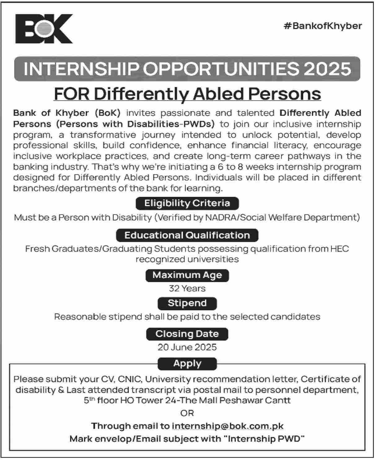 Bank Of Khyber BOK Internship Opportunities 2025 Jobs 2025 — original advertisement