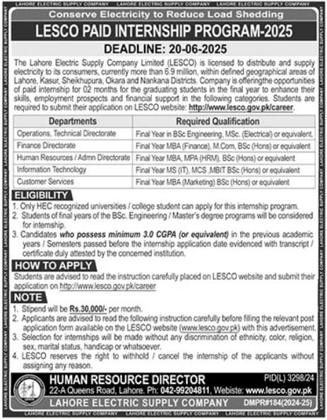 Lahore Electric Supply Company LESCO Internship 2025 – Lahore Electric Supply Company LESCO Lahore Jobs 2025 — original advertisement