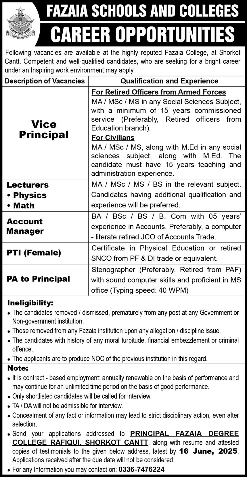 Fazaia Schools And Colleges Shorkot Jobs 2025 – Fazaia Schools & Colleges Jobs 2025 — original advertisement