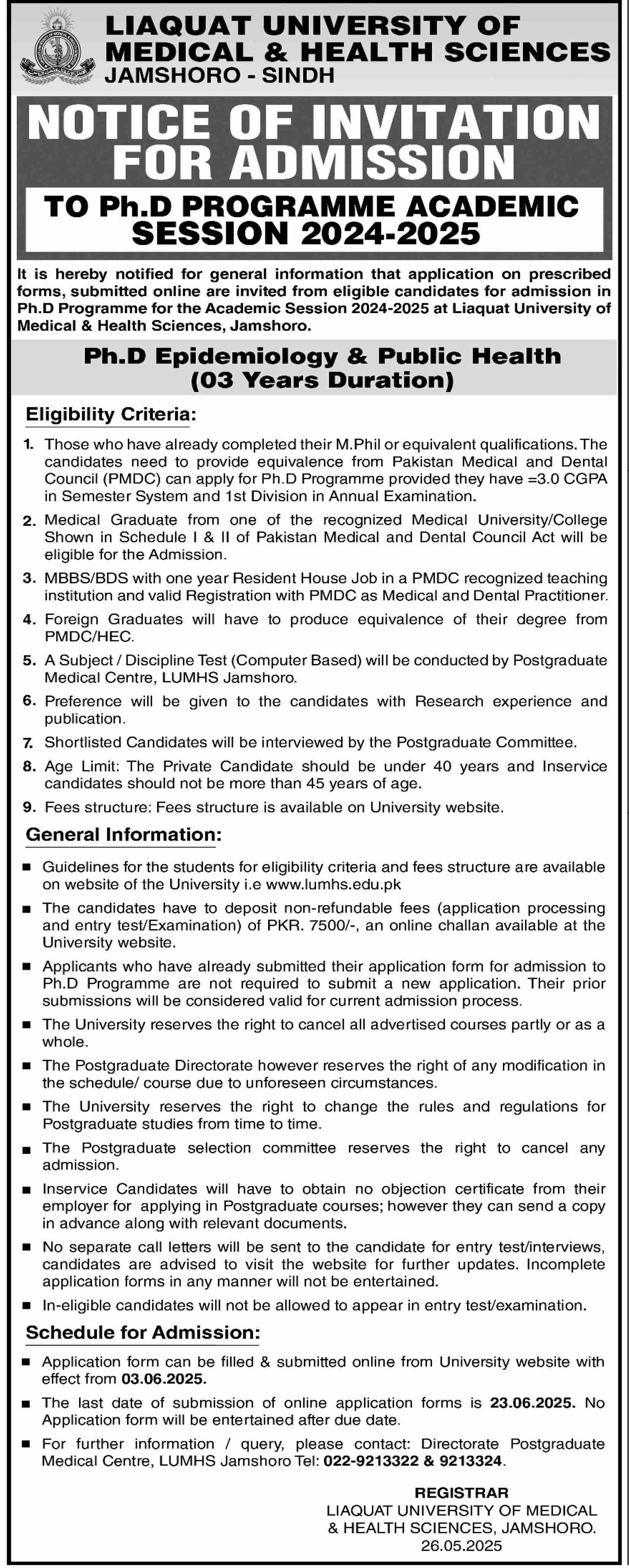 Admission Open in Liaquat University of Medical & Health – Liaquat University of Medical & Health Sciences (LUMHS) Jamshoro Admissions 2025 — original advertisement