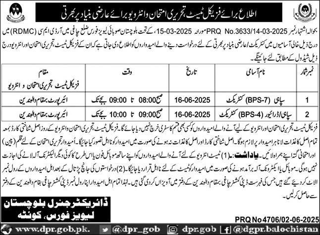 Balochistan Levis Force Chaghi Test Interview 2025 – Balochistan Levies Force Jobs 2025 — original advertisement