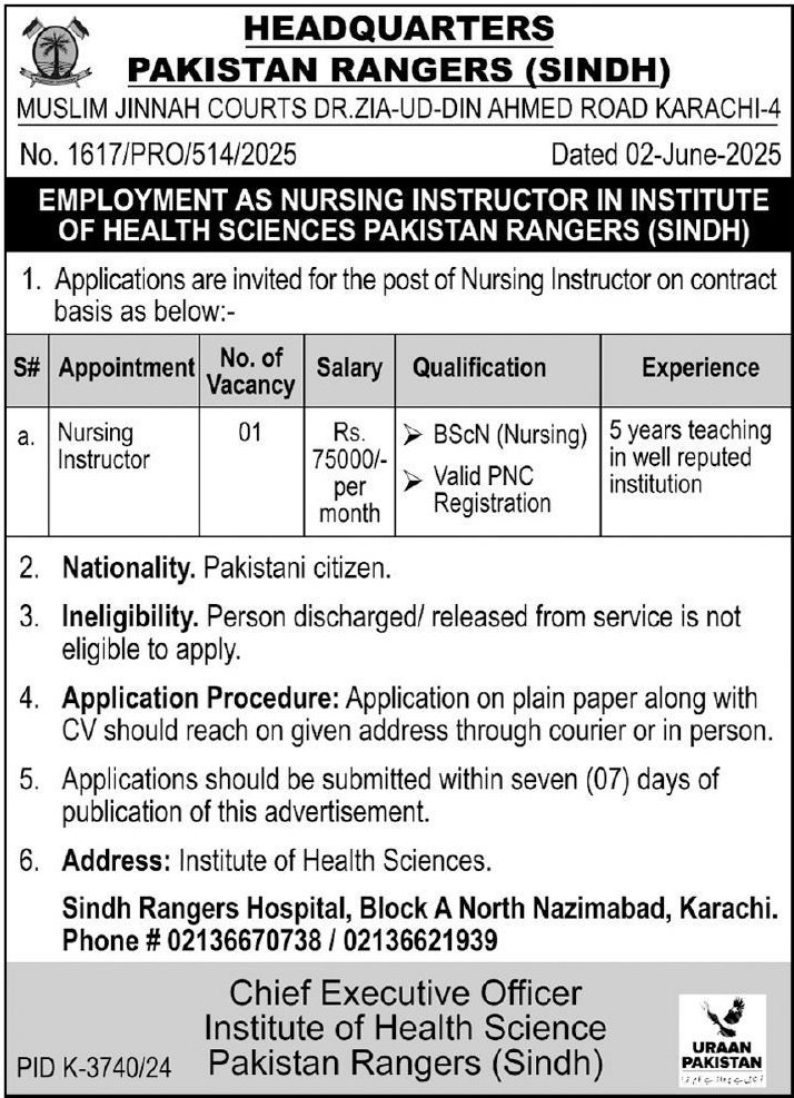 Institute Of Health Sciences Pakistan Rangers Sindh Jobs – Sindh Rangers Jobs 2025 — original advertisement