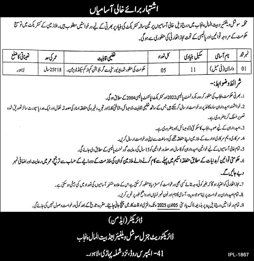 Social Welfare & Bait Ul Maal Punjab Jobs 2025 For Warden – Social Welfare & Bait-Ul-Maal Department Punjab Jobs 2025 — original advertisement