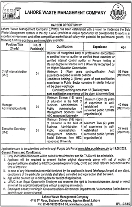 Lahore Waste Management Company LWMC Jobs 2025 – Lahore Waste Management Company Lahore Jobs 2025 — original advertisement