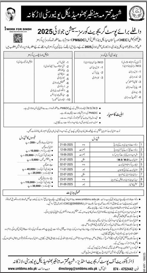 Admission Open in Shaheed Mohtarma Benazir Bhutto Medical – Shaheed Mohtarma Benazir Bhutto Medical University Larkana Admissions 2025 — original advertisement