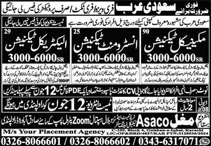 Mechanical Technician And Electrical Technician Jobs in ksa – Mughal Trade Test & Technical Training Center Jobs 2025 — original advertisement