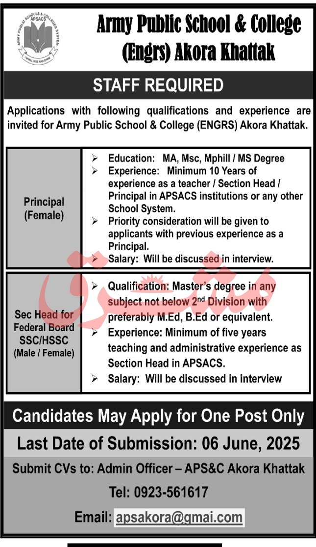 Army Public School & College APS&C Engrs Akora Khattak Jobs – Army Public School & College Paksitan Jobs 2025 — original advertisement