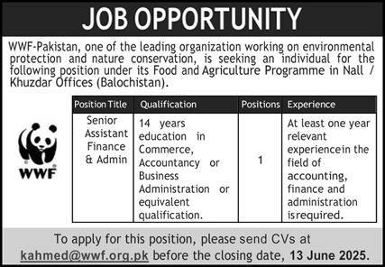 WWF Khuzdar Jobs 2025 For Senior Assistant Finance – World Wide Fund WWF Pakistan Jobs 2025 — original advertisement