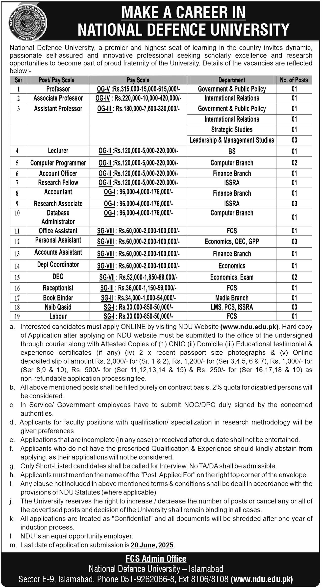 National Defence University NDU Islamabad Jobs 2025 – National Defence University, Pakistan Jobs 2025 — original advertisement