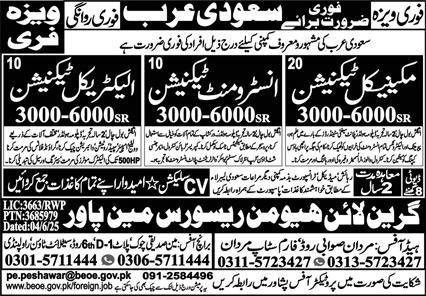 Mechanical Technician And Electrical Technician Jobs in Ksa – Green Line Human Resource Manpower Jobs 2025 — original advertisement