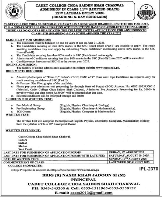 Admission Open in Cadet College Choa Saiden Shah Chakwal Admissions 2025 — original advertisement